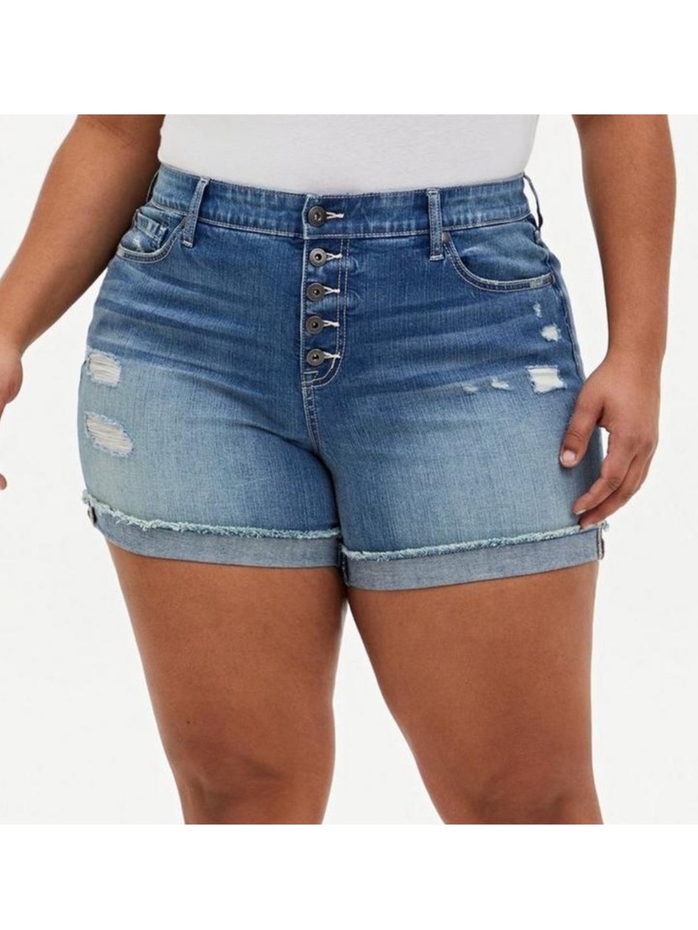 Torrid Denim 5 Inch Button Fly Distressed High Rise Cuffed Jean Shorts Size 12